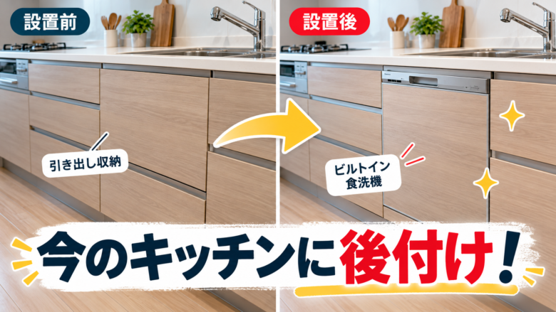 キッチンの引き出し収納をビルトイン食洗機に変更した前後の比較イメージ