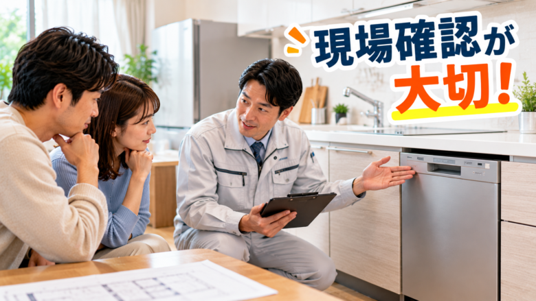 リフォーム会社の担当者がキッチンの食洗機設置状況を確認している様子