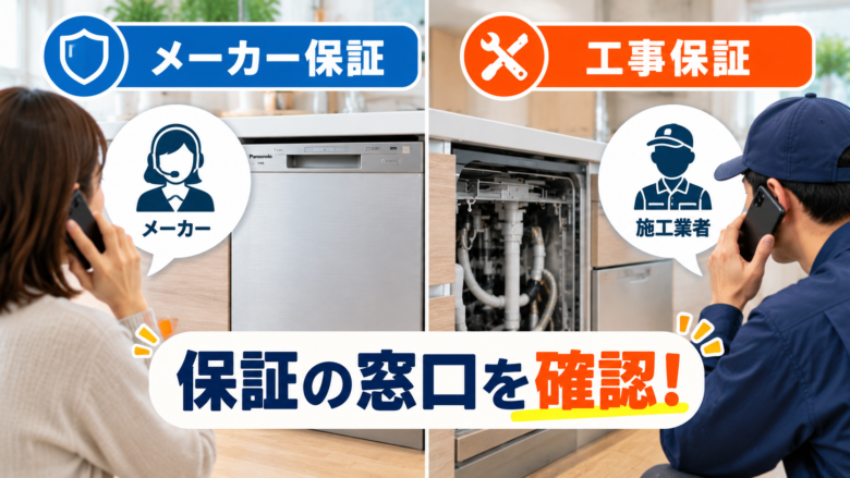 食洗機のメーカー保証と工事保証の問い合わせ先を比較した画像