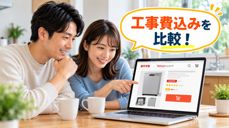 夫婦がネット通販でビルトイン食洗機の工事費込み商品を比較している様子
