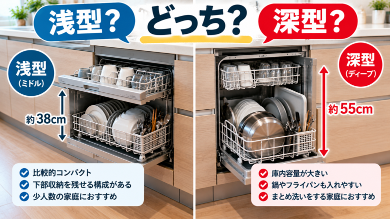 ビルトイン食洗機の浅型と深型の容量を比較したイメージ