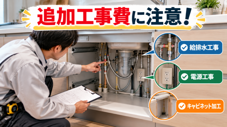 食洗機の後付け前に給排水や電源を確認する施工スタッフ