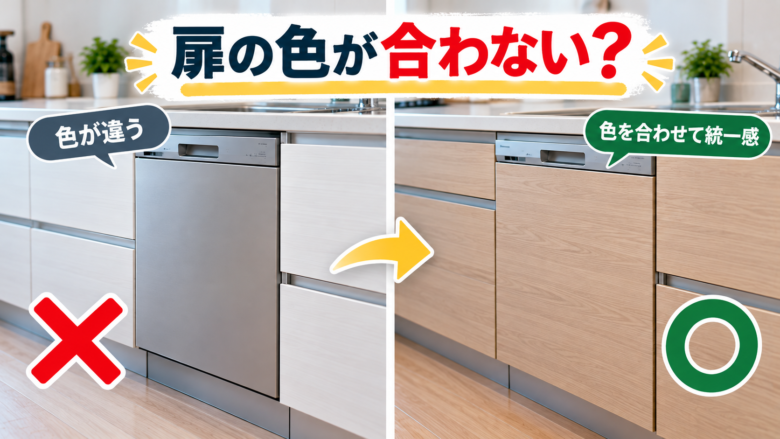 ビルトイン食洗機とキッチン扉の色が異なる場合と統一した場合の比較