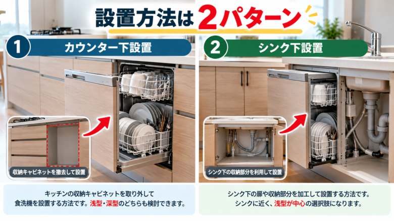 ビルトイン食洗機のカウンター下設置とシンク下設置の比較