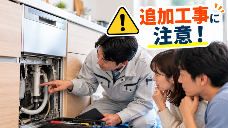 施工担当者がビルトイン食洗機の配管を確認し追加工事の必要性を説明する様子