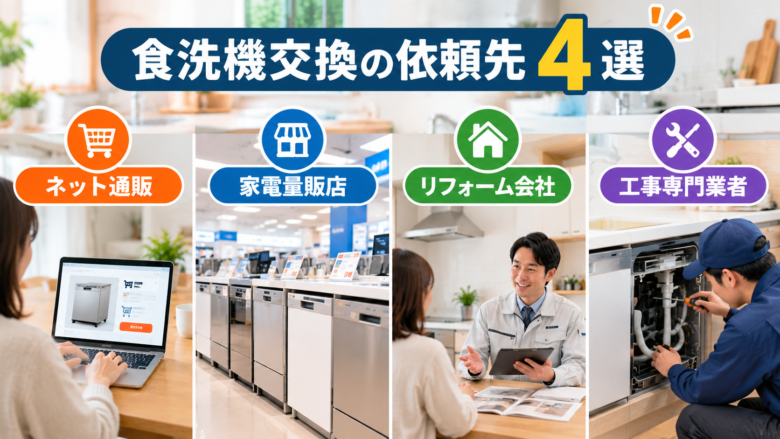 食洗機交換の依頼先4種類をネット通販・家電量販店・リフォーム会社・工事専門業者で比較
